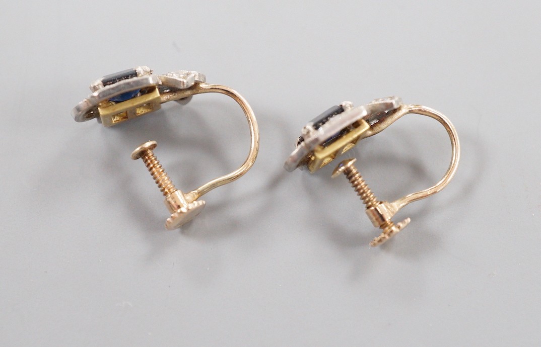 A pair of 9ct, sapphire and diamond set shaped cluster ear clips, 12mm, gross weight 2.9 grams.